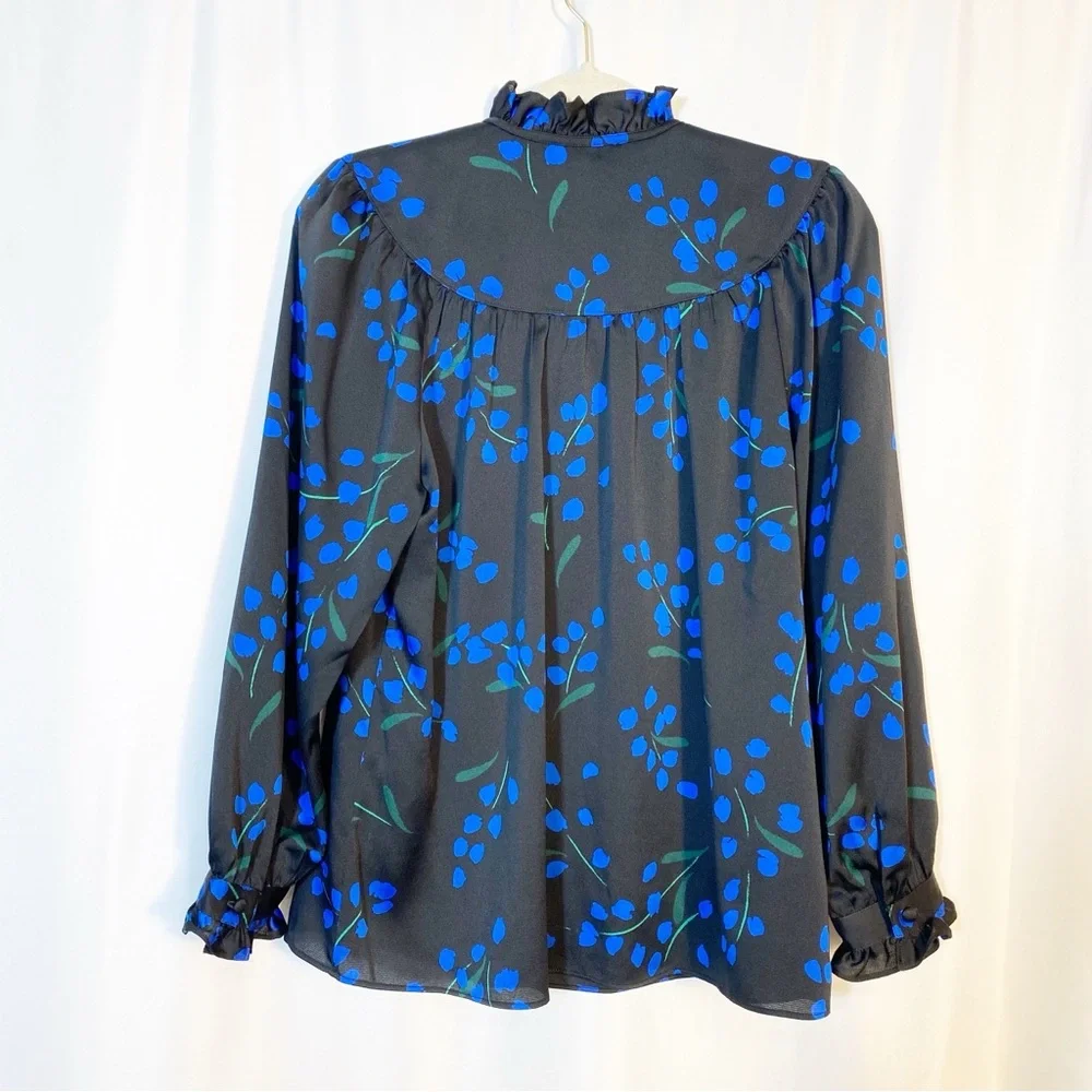 NEW Kate Spade Seabreeze Floral Ruffle Blouse Top Long Sleeve Black Blue - Picture 4 of 13